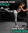Woman using a mint Neoprene Ankle Strap for cable machine glute kickbacks in a gym.