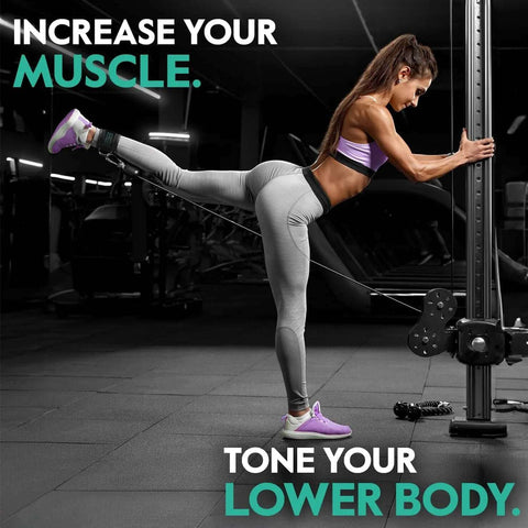 Woman using a mint Neoprene Ankle Strap for cable machine glute kickbacks in a gym.