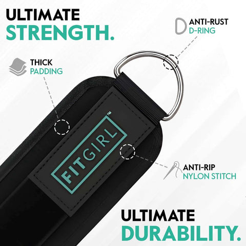 Mint Neoprene Ankle Strap with D-ring for Cable Machines, showing thick padding and durable stitching, FitGirl branding visible