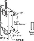 Technical diagram of a mirror door roller assembly with one and one half inch wheel, steel housing, and concave plastic wheel design.