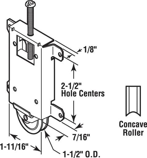 Technical diagram of a mirror door roller assembly with one and one half inch wheel, steel housing, and concave plastic wheel design.