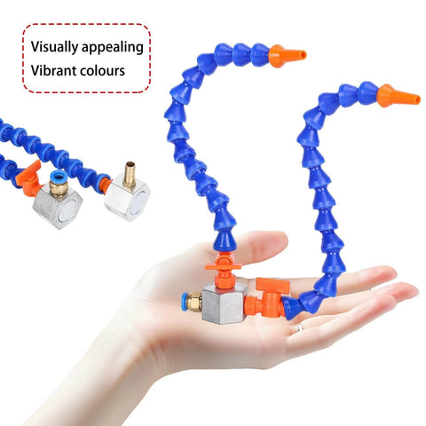 Mist Coolant Lubrication Spray System For Metal Cutting with flexible pipe and magnetic base shown on a hand, vibrant color design