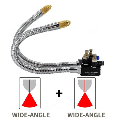 Mist Coolant Lubrication Spray System for CNC lathes with two pro-grade wide-angle nozzle heads and high-flow pneumatic cooling unit.