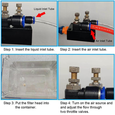Installation steps for Mist Coolant Lubrication Spray System with air and liquid inlet tubes connection.