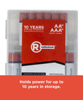 Close-up of Mixed Alkaline Battery Pack 12 AA 12 AAA With Reusable Plastic Case featuring 10-year storage warranty label