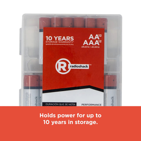 Close-up of Mixed Alkaline Battery Pack 12 AA 12 AAA With Reusable Plastic Case featuring 10-year storage warranty label