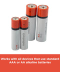 Mixed Alkaline Battery Pack 12 AA 12 AAA With Reusable Plastic Case showing AA and AAA batteries on display.