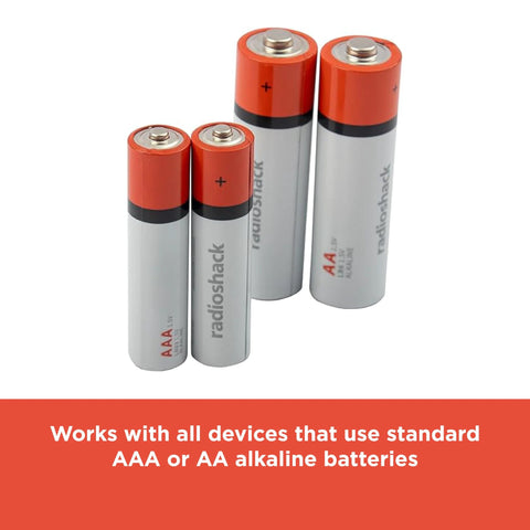 Mixed Alkaline Battery Pack 12 AA 12 AAA With Reusable Plastic Case showing AA and AAA batteries on display.