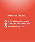 Mixed Alkaline Battery Pack 12 AA 12 AAA With Reusable Plastic Case contents list on red background
