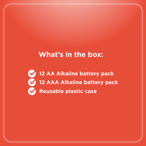Mixed Alkaline Battery Pack 12 AA 12 AAA With Reusable Plastic Case contents list on red background