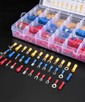 Mixed Quick Disconnect Connectors And Terminal Crimp Kit For Automotive Wiring Projects Includes Ring Splice Spade Bullet Fork Butt Piggy Back Insulated Terminals 840 Piece Assortment displayed in an open plastic case.
