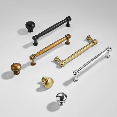 Assorted cabinet knobs and pulls including Champagne Bronze Cabinet Knobs Set of Ten, One and One Quarter Inch Round Zinc Alloy Drawer Knobs.