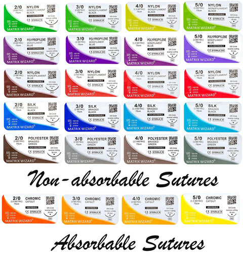 Mixed Suture Thread With Needle Set For Med Practice And First Aid Demos, Absorbable Chromic Catgut And Non Absorbable Nylon Silk Polyester Polypropylene, 24 Thread Variety Pack In Sizes 2-0 To 5-0 For Wound Closure Training