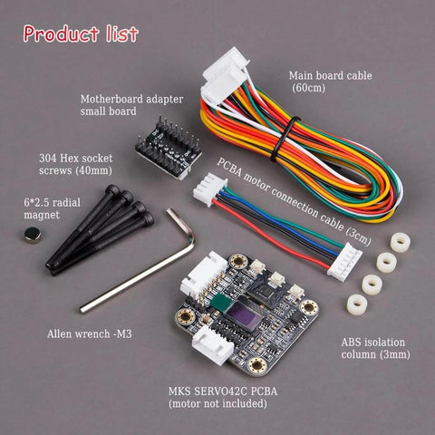 MKS SERVO42C PCBA showing main board cable, adapter, hex socket screws, wrench, and isolation columns; motor not included.