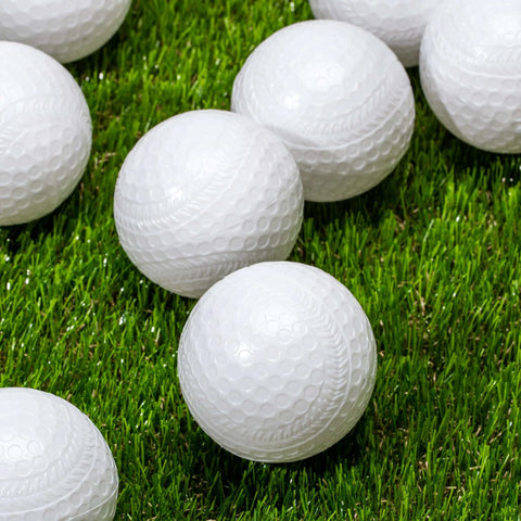 MLB Plastic Baseballs - 8 Pack on grass, showing perforated design for batting practice