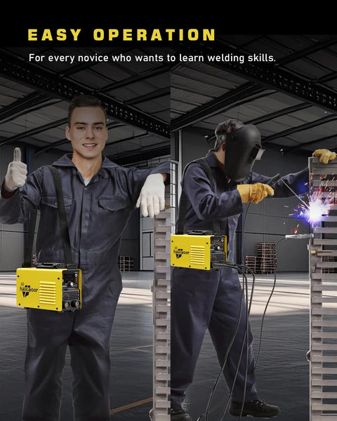 Beginner welder using 2 In 1 MMA Lift TIG Welder With Dual Voltage 110V 220V LCD Display Arc Force Hot Start VRD in workshop