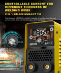 Close-up of 2 In 1 MMA Lift TIG Welder with Dual Voltage 110V 220V LCD display showing 205A control and features Arc Force, Hot Start, VRD.