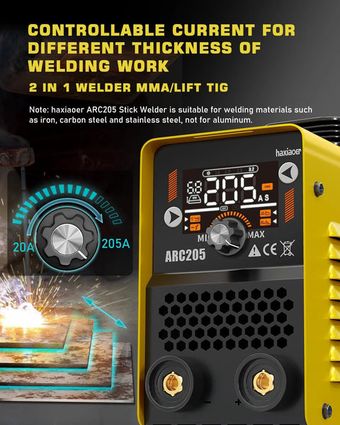 Close-up of 2 In 1 MMA Lift TIG Welder with Dual Voltage 110V 220V LCD display showing 205A control and features Arc Force, Hot Start, VRD.
