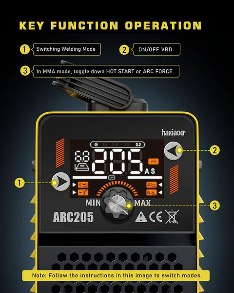 LCD display of 2 In 1 MMA Lift TIG Welder With Dual Voltage 110V 220V, showing key function operations and settings.