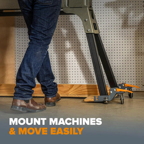 Mobile Base Kit PM-1100 For Heavy Equipment And Tools Adjustable Rolling Dolly in use under machine leg.