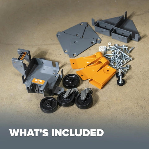 Parts for Mobile Base Kit PM-1100 For Heavy Equipment And Tools Adjustable Rolling Dolly Frame With Casters visible on floor.