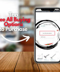 Smartphone displaying 'See All Buying Options' button with instruction to tap for purchase on a wooden table background.