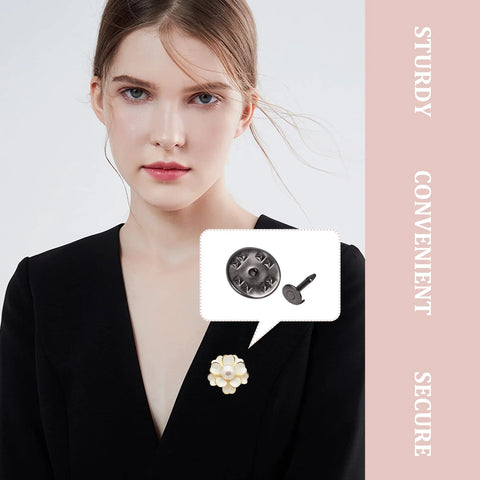 Woman wearing DIY brooch with Silver Butterfly Clutch Tie Tacks Pins For Craft Making 120 Pairs Metal Locking Replacement Backing