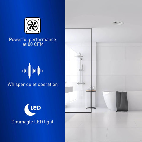 Whisper Recessed 80 CFM Bathroom Vent Fan With Dimmable 11W LED Light Energy Star Quiet Recessed Ceiling Mount in bathroom