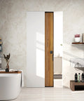 Indicator Pocket Door Lock Set For 1 3 Eighths To 2 3 Sixteenths Inch Doors With Flush Privacy Latch No Keys Required installed in bathroom.