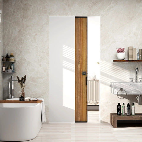 Indicator Pocket Door Lock Set For 1 3 Eighths To 2 3 Sixteenths Inch Doors With Flush Privacy Latch No Keys Required installed in bathroom.