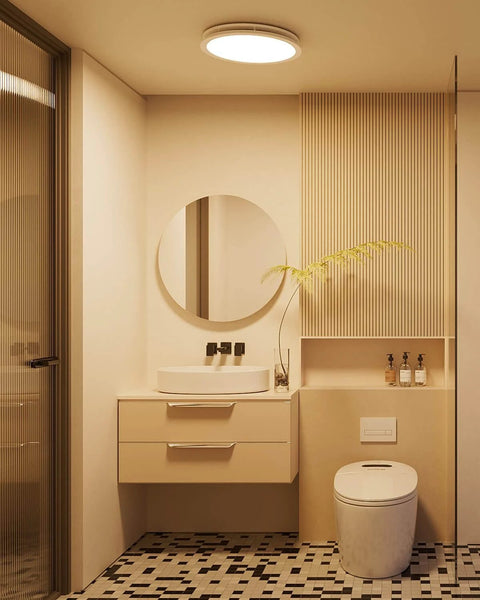 Bathroom with installed Bathroom Exhaust Fan With Light 130 CFM Quiet Ceiling Mount Vent 1.5 Sones 47W 1100 Lumens LED Light