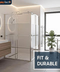 Modern bathroom with shower enclosure, glass design, and branding logo displaying 'Fit & Durable' message.