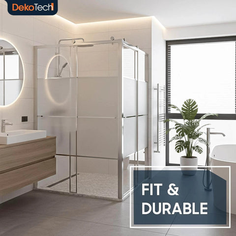 Modern bathroom with shower enclosure, glass design, and branding logo displaying 'Fit & Durable' message.