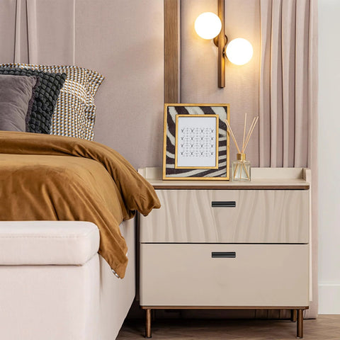 Modern bedroom with nightstand featuring Bulk 50 Pack 2 Inch Black Matte T Bar Cabinet Knobs with 1 Inch Screws Included