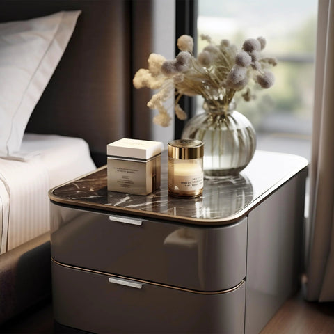 Elegant bedroom nightstand with decorative vase and luxury skincare products