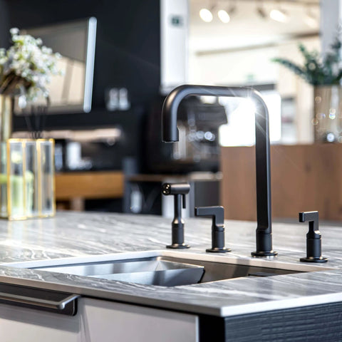 Modern kitchen sink with black faucet and marble countertop, showcasing seamless integration and contemporary design.