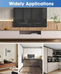 Collage showing drop down gas struts, gas spring hinge 90-degree axis for cabinet, desk downward flap, various room settings.