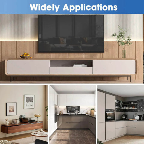 Collage showing drop down gas struts, gas spring hinge 90-degree axis for cabinet, desk downward flap, various room settings.