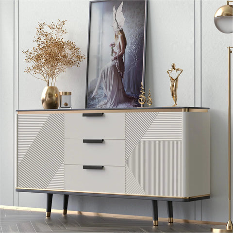 Modern sideboard with artwork and decorations, featuring geometric patterns in a contemporary living room setting.