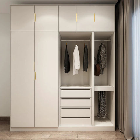 Modern closet with 10 Pack Gold Finger Pulls For Cabinets And Drawers 6 Inch Edge Concealed Mount Modern Aluminum Brushed Gold Kitchen Cabinet Handles Hardware With Comfortable Non Slip Grip And Rust Resistant Durable Construction installed.