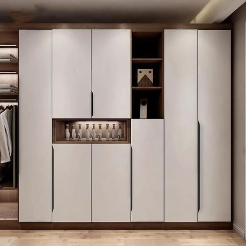 Modern wardrobe with 5 Pack Concealed Finger Pulls For Cabinets And Drawers, featuring sleek white doors and integrated handles.