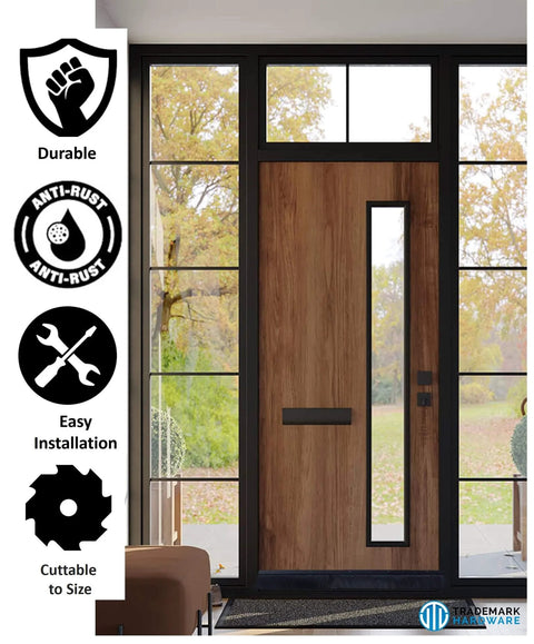 Entrance door showcasing benefits of Black Aluminum Door Sweep - 2 Inch Brush x 36 Inch Draft Blocker, Weather Stripping.