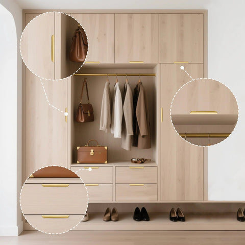 Modern wood cabinet with 10 Pack Gold Finger Pulls For Cabinets And Drawers 6 Inch Edge Concealed Mount Modern Aluminum Brushed Gold Kitchen