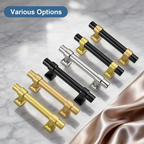 Various gold, black, and silver cabinet drawer pulls displayed on marble. 10 Pack 2.5 Inch Gold Cabinet Drawer Pulls Champagne Gold Modern Handles.