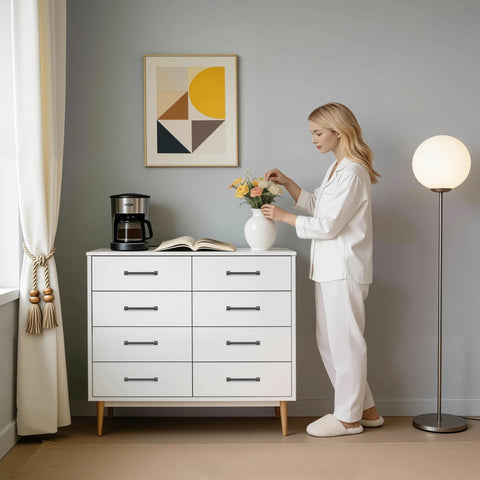 Woman arranging flowers by a dresser with 10 Pack 5 Inch Gray Kitchen Cabinet Handles Modern Cabinet Pulls for Cabinets