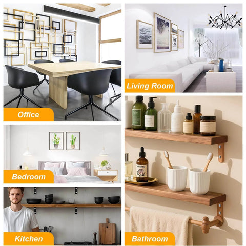 Room decor ideas for living room, bedroom, kitchen, and bathroom with shelves, furniture, and wall art.