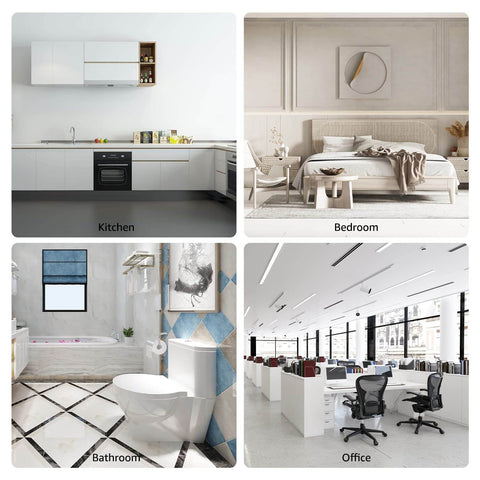 Modern home interiors: kitchen with white cabinets, bedroom with minimalist decor, bathroom with tiled walls, office with workstations