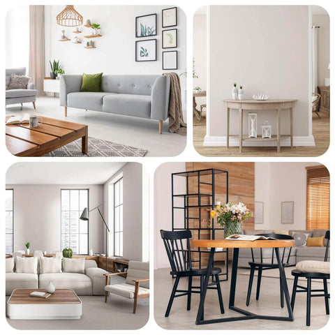 Collage of modern living rooms showcasing stylish furniture and decor arrangements in a variety of interior settings.