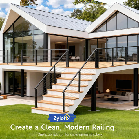 Modern house with outdoor stairs featuring Marine Grade Stainless Steel Angle Beveled Washer 0.35 Inch ID For 5/16 Cable.