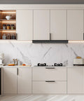 Modern kitchen with installed 10 Pack 5 Inch Black Cabinet Pulls Edge Finger Pulls For Cabinets And Dresser Drawers on white cupboards.